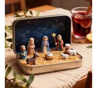 Générique Mini Creche De Noel, Mini Crèche De Noël dans Boîte Métal, De Table 9.5x6 Cm Décor avec Figurines Sainte Famille,Jésus Et Moutons pour Maison De Noël (A)