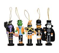 Générique Mini Halloween Nutcracker Ornaments Set of 5 - Wooden Witch Skeleton Figurines, 13cm - Spooky Decor Craft Dolls for Party Home Shelf