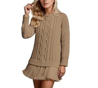 Générique Mini-Robe Femme À Col Rond Et Maille Torsadée, Robe-Pull À Torsadée avec Jupe Plissée, Épaisse, Manches Longues, Chaude Et Élégante pour L'automne/Hiver