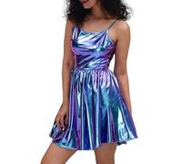 Générique Mini Robe Patineuse Effet mouillé pailleté métallisé holographique sans Manches pour Femme