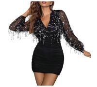 Générique Mini Robes Manches Longues Femme Sexy Robe Dentelle Paillettes Courte Robes Bodycon Col en V Elégante Cocktail Robe de Soirée Brillant Festive Club Party Noël Taille Haute Rétro Elegent