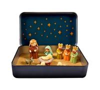 Générique Miniature Crèche de Noël en Boîte Métallique Étain,Portable avec Statuettes Résine Sainte Famille,Moutons,Jésus,Décor Maison,Église et Cadeau-13x8cm