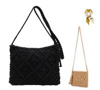 Générique Minimalist Tassel Women's Clutch,Retro Cotton Rope Woven Bag,Stylish Summer Woven Crossbody Handbag,Vacation Boho Beach Purse (Black)