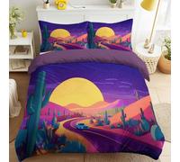 Générique Minimaliste Dessin Animé Parure de Lit Fermeture Éclair Rétro Lune Dunes de Sable Autoroute Cactus Housse de Couette Violet Facile à Repasser 220 x 240 Parure de Lit pour Adulte