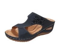 Générique Mode été femmes pantoufles fond épais talon compensé bout ouvert respirant léger sans lacet confortable fleurs serpentine imprimer (Dark Blue, 38)