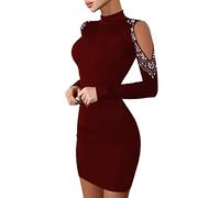 Générique Mode féminine Sexy Robe Mince Paillettes Split Hems Contraste Robes en Maille col roulé Longue Manche Robe de fête à l'épaule Froide Jupe en Jean Mi Longue