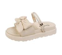 Générique Mode Sandales pour Femmes Filles Fond épais Mignon Fleur Perle t-Strap Semelle en Caoutchouc Strass Sandales Plates Robe Chaussures de Plage (Beige a 5 UK)