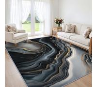 Générique Moderne 60 x 90 cm Imprimé Tapis de Chambre, Luxe Noir et Gris Fluide Effet Marbre Lavable Tapis de Salon Antidérapant - Doux Moquette pour Salle de Séjour Chambre d'enfant Salle de Jeu