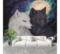 Générique Moderne Art Fresque Papier Peint 300x210cm Animaux Fantastiques Loups Jumeaux Poster mural intissé Décoration Murale Noir pour Fresque Murale 3D HD pour Salon Chambre Cuisine