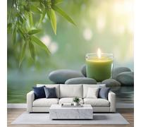 Générique Moderne Minimaliste Apaisant Papier Peint Intissé 400 x 280 cm | Papier Peint Mural Bougie Verte Cailloux Surface de L'Eau pour Salon Chambre D'enfant Cuisine Salle à Mange