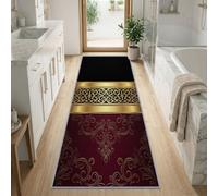 Générique Moderne Relief Classique Tapis de Couloir Antidérapant et Lavable | Sculptures Dorées Bordeaux Fleurs en Rinceaux Tapis Cuisine 80 x 200 cm pour Buanderie Chambre entrée enfant Salle de Jeux