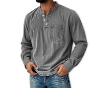 Générique Mokaloha Mens Long Sleeve Shirts, Men's Retro Stand Collar Pocket Casual Distressed Long Shirt (Gray,XL)
