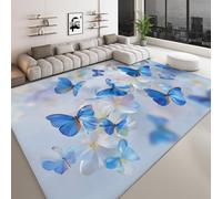 Générique Monde Fantastique Tapis Salon Lavable en Machine Papillon Bleu Fleurs Blanches 100 x 160 cm Antidérapant Tapis, Blanc Chambre Pile Courte et Douce Doux Bureau Intérieur Extérieur Moquette