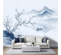 Générique Montagne Eau Fleur De Prunier Bateau Papier Peint Intissé 150x105 cm, Traditionnel Oriental Lavis D'Encre Art Papier Peint Panoramique Mural, pour Salon Chambre à Coucher Salle des Enfants