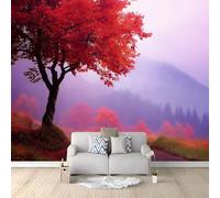 Générique Montagnes Brumeuses Feuilles Rouges Photo Papier Peint 300 x 210 cm Intissé Murale, Forêt D’Automne Panoramique Poster Papier Peint Photo Murale Tenture Murales pour Appartement Décoration