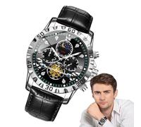 Générique Montre Analogique - Boîtier Métal Cuir PU Miroir Verre | Chronographe Étoiles Et Phases De Lune | Montre Tourbillon Tendance | Pièce Élégante pour Quotidien, Bureau Et Sorties Décontractées