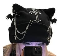 Générique Mütze Mit Katzenohren | Gehäkelt Punk-Design mit Kette | Streetwear Goth Hut für Frauen und Teens | Ideal für Weihnachten, Outdoor, Party, Cosplay