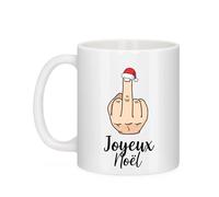 Générique Mug blanc Bruhle Créations humour décalé Joyeux Noël main faisant un fuck avec bonnet de Père Noël - cadeau original Secret Santa