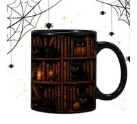 Générique Mug chat noir tasse isotherme Halloween gothique 350 ml | Mug en céramique à imprimé bibliothèque pour chocolat, thé, jus, maison, fêtes, dortoir, café, amoureux des livres et