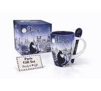 Générique Mug Paris by Night avec Chats en Céramique 320 ml - Tasse Café & Thé avec Cuillère - Coffret Cadeau Prêt à Offrir
