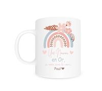 Générique Mug Une Nounou en Or personnalisé avec prénom - Cadeau fin d’année pour nounou, assistante maternelle ou baby-sitter - Tasse arcenciel pastel fleurie - Idée cadeau merci nounou