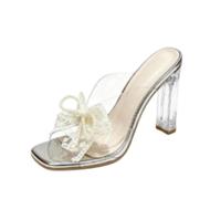 Générique Mules à Bout carré pour Femmes avec nœud en Perle, Talon Bloc Transparent et Semelle intérieure rembourrée,Argent,36 EU