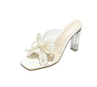 Générique Mules à Bout carré pour Femmes avec nœud en Perle, Talon Bloc Transparent et Semelle intérieure rembourrée,Beige,37 EU