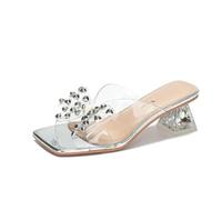 Générique Mules Femme Bout Carré Bride Transparente Nœud Strass Talon Bloc | Mules Sandales À Bride Transparente Bout Carré Décorées Noeud Strass Brillant Talon Bloc Épais Élégant Dos Ouvert