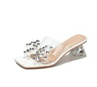 Générique Mules Femme Bout Carré Bride Transparente Nœud Strass Talon Bloc | Mules Sandales À Bride Transparente Bout Carré Décorées Noeud Strass Brillant Talon Bloc Épais Élégant Dos Ouvert