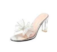 Générique Mules Femme Strass Nœud Bout Ouvert Talon Haut Bride Transparente | Mules Sandales À Bout Ouvert Décor De Noeud Strass Cristal Talon Haut Chunky Enfilables Sangle Transparente