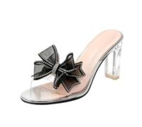 Générique Mules Femme Strass Nœud Bout Ouvert Talon Haut Bride Transparente | Mules Sandales À Bout Ouvert Décor De Noeud Strass Cristal Talon Haut Chunky Enfilables Sangle Transparente