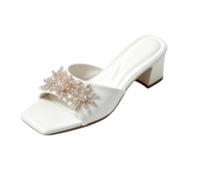 Générique Mules Femme Vernis Bout Carré Cristal Talon Bloc Mariage | Mules De Mariée Enfilables Cuir Verni Bout Carré Décor Cristal Talon Bloc Élégant Soirée Fête Mariage Bout Carré Talon
