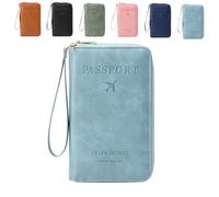 Générique Multi-Functional RFID Passport Wallet, Family RFID Passport Holder for Travel, Secure ID Card Organizer with Anti-Theft Protection, Slim Leather Travel Wallet for Women Men (Sky Blue)