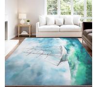 Générique Multicolore Tapis Salon 160 x 230 cm, Et Lavable en Machine Tapis, Poil Ras Aquarelle Peinture à l'huile Effet Laine Fantaisie Paisible Mer Voilier Tapis pour Chambre d’Adolescent