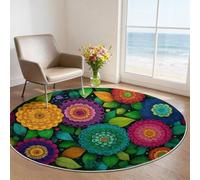 Générique MulticoloreTapis Rond,Lavable en Machine Antidérapant pour Salon et Chambre à Coucher - Style Bohème Fleurs Mandalas Feuilles Tapis Rond 60 cm Rond