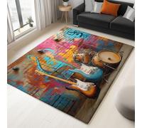Générique MulticoloreTapis Salon 60 x 90 cm, Musique Graffiti Guitare Batterie Lavable en Machine Tapis Antidérapant à Poils Courts - Facile à Entretenir pour Salon Salle à Manger Bureau à Domicile
