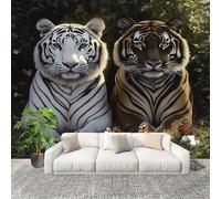 Générique Murale Papier Peint 400x280cm Animaux De La Jungle Tigres Jumeaux Papier Peint Intissé Résistant à la décoloration Vert Moderne Salon Chambre Panoramique Decoration Fresque Murale