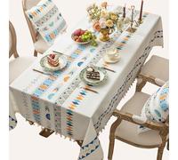 Générique Nappe imperméable Style Lin - Résistante aux Taches et en Vinyle essuyable pour Pique-Nique en Plein air, Table à Manger, Cuisine, Nappe rectangulaire avec Pompons (A 140 * 180cm/55 * 70in)