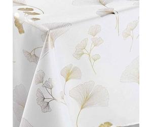 Générique Nappe Rectangle Bloomy Blanc et Or 2m x 1m50 Anti Tache et Infroissable Motif Feuille Or