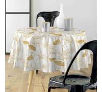 Générique Nappe Ronde 180 cm Gingko Blanc et Or Anti Tache et Infroissable