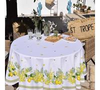 Générique Nappe Ronde provençale 1m80 Coton Enduit plastifiée Citron Mimosa Blanc