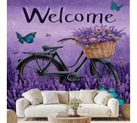 Générique Naturel Lavender Fleurs Field Papier Adhesif Vintage Vélo Papillons Mural Romantique Pastoral Papier Peint 3D Effet 350x256 cm pour Salle de Bain Salon Chambre