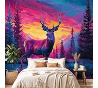 Générique Néon Animal Papier Peint Panoramique Grandes Murales Poster, Cerf Coucher de Soleill 450 x 315 cm Papier Peint Intissé Murales pour Salon Adulte Chambre d'enfants Étude Décoration