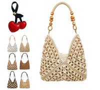 Générique New Fashionable Handmade Woven Bag, Boho Large Capacity Summer Tote Bag with Beaded Shoulder Strap for Shopping, Beach Trips (E)