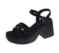 Générique New Women's Thick Bottom Chunky Heel Sandals Fashion Square Toe Open Toe High Heels Casual Beach Wedding Party Sandal(Black,36)