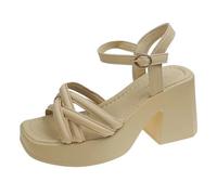 Générique New Women's Thick Bottom Chunky Heel Sandals Fashion Square Toe Open Toe High Heels Casual Beach Wedding Party Sandal(Khaki,37)