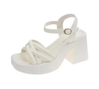 Générique New Women's Thick Bottom Chunky Heel Sandals Fashion Square Toe Open Toe High Heels Casual Beach Wedding Party Sandal(White,37)