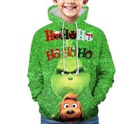 Générique Noël Sweat à Capuche pour Garçons et Filles Pull de Noel Vert Monstre Costume 3D Impression Motif Jumper à Manches Longues Décontracté Sweat-Shirt Top (01-9-Light Green, 11-13 Years)