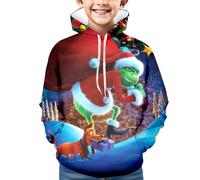 Générique Noël Sweat à Capuche pour Garçons et Filles Pull de Noel Vert Monstre Costume 3D Impression Motif Jumper à Manches Longues Décontracté Sweat-Shirt Top (01-5-Blue, 11-13 Years)