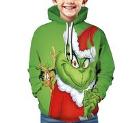 Générique Noël Sweat à Capuche pour Garçons et Filles Pull de Noel Vert Monstre Costume 3D Impression Motif Jumper à Manches Longues Décontracté Sweat-Shirt Top (01-8-Green, 7-9 Years)